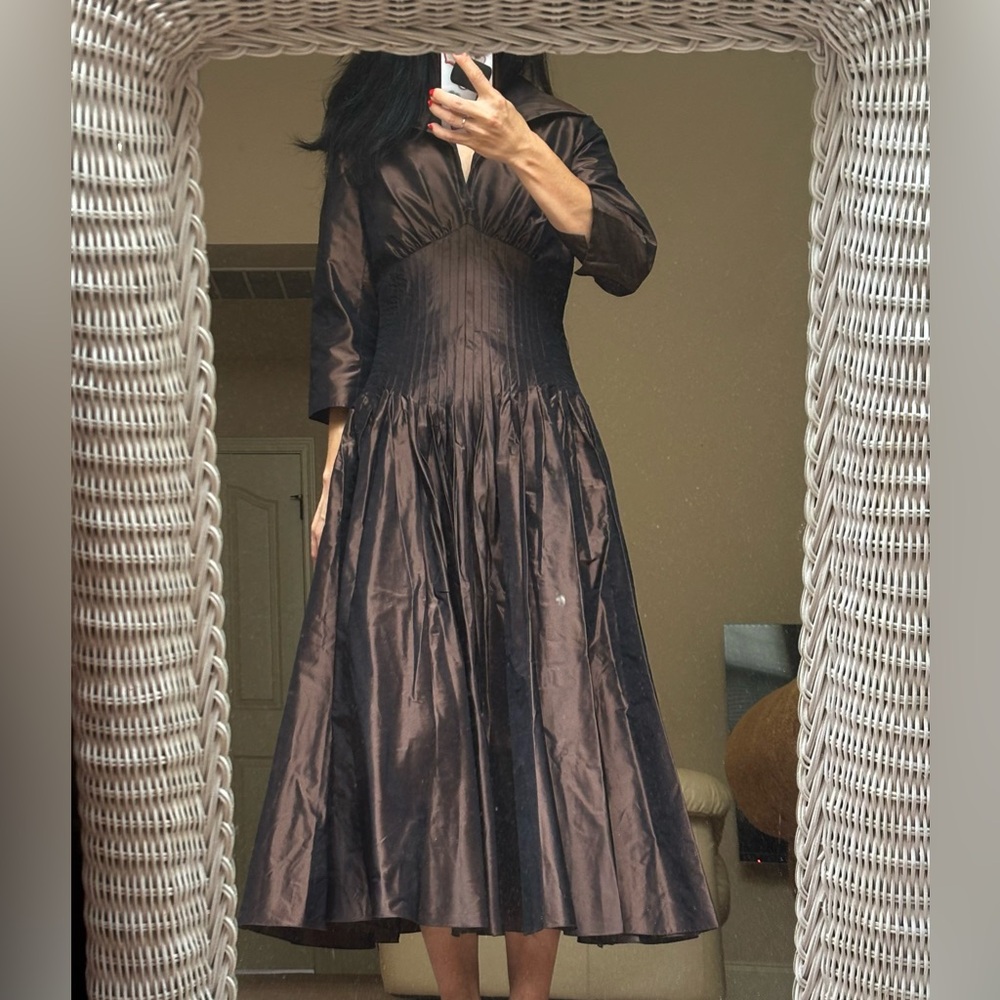 Rickie Freeman for Teri Jon Copper Brown Taffeta Evening Dress 3/4 Sleeve Sz 6
